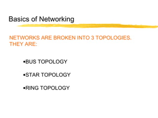 NETWORKS ARE BROKEN INTO 3 TOPOLOGIES.
THEY ARE:
•BUS TOPOLOGY
•STAR TOPOLOGY
•RING TOPOLOGY
Basics of Networking
 