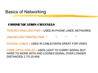 TWISTED SHIELDED PAIR – USED IN PHONE LINES, NETWORKS
UNSHIELDED TWISTED PAIR “ “ “ “
COAXIAL CABLE – USED IN CABLEVISION GREAT FOR VIDEO
FIBRE OPTIC CABLES - USES LIGHT TO CARRY SIGNAL BUT
HARD TO WORK WITH AND LOOSES SIGNAL OVER LONGER
DISTANCES( 2 TO 25 KM)
COMMUNICATION CHANNELS
Basics of Networking
 