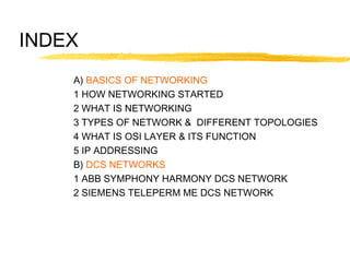 INDEX
A) BASICS OF NETWORKING
1 HOW NETWORKING STARTED
2 WHAT IS NETWORKING
3 TYPES OF NETWORK & DIFFERENT TOPOLOGIES
4 WHAT IS OSI LAYER & ITS FUNCTION
5 IP ADDRESSING
B) DCS NETWORKS
1 ABB SYMPHONY HARMONY DCS NETWORK
2 SIEMENS TELEPERM ME DCS NETWORK
 