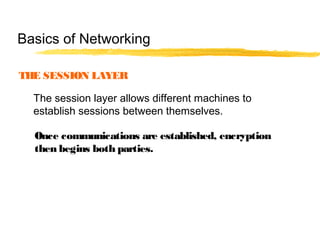 THE SESSION LAYER
The session layer allows different machines to
establish sessions between themselves.
Once communications are established, encryption
then begins both parties.
Basics of Networking
 