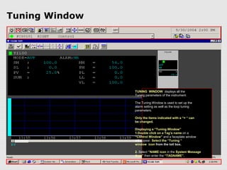 Tuning Window




                TUNING WINDOW displays all the
                Tuning parameters of the instrument.

                The Tuning Window is used to set up the
                alarm setting as well as the loop tuning
                parameters.

                Only the items indicated with a “= “ can
                be changed.

                Displaying a “Tuning Window”
                1.Double click on a Tag’s name on a
                “Control Window” and a faceplate window
                will appear. Select the “Tuning “
                window icon from the toll box.

                2. Select “NAME icon in the System Message
                Area” then enter the “TAGNAME”.
 