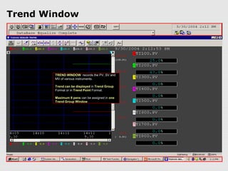 Trend Window




        TREND WINDOW records the PV, SV and
        MV of various instruments.

        Trend can be displayed in Trend Group
        Format or in Trend Point Format.

        Maximum 8 pens can be assigned in one
        Trend Group Window
 