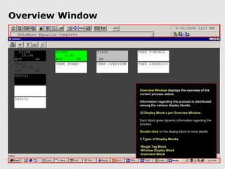 Overview Window




                  Overview Window displays the overview of the
                  current process status.

                  Information regarding the process is distributed
                  among the various display blocks.

                  32 Display Block s per Overview Window.

                  Each block gives dynamic information regarding the
                  process.

                  Double click on the display block to more details.

                  3 Types of Display Blocks

                  •Single Tag Block
                  •Window Display Block
                  •Comment Block
 