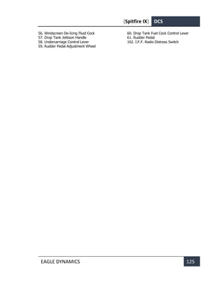 [Spitfire IX] DCS
EAGLE DYNAMICS 125
56. Windscreen De-Icing Fluid Cock
57. Drop Tank Jettison Handle
58. Undercarriage Control Lever
59. Rudder Pedal Adjustment Wheel
60. Drop Tank Fuel Cock Control Lever
61. Rudder Pedal
162. I.F.F. Radio Distress Switch
 