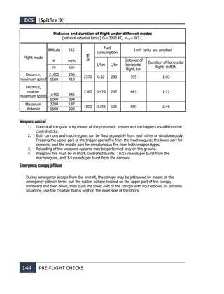 DCS [Spitfire IX]
144 PRE-FLIGHT CHECKS
Distance and duration of flight under different modes
(without external tanks) Gп=3392 KG, Vгор=392 L.
Flight mode
Altitude IAS
RPM
Fuel
consumption
Until tanks are emptied
ft mph
L/km L/hr
Distance of
horizontal
flight, km
Duration of horizontal
flight, H:MIN
m kph
Distance,
maximum speed
21600 256
2570 0.52 295 595 1:03
6600 410
Distance,
relative
maximum speed 16400 245
2360 0.475 237 685 1:22
5000 394
Maximum
distance
3280 187
1800 0.395 125 880 2:46
1000 300
Weapons control
1. Control of the guns is by means of the pneumatic system and the triggers installed on the
control sticks.
2. Both cannons and machineguns can be fired separately from each other or simultaneously.
Pressing the upper part of the trigger opens fire from the machineguns; the lower part for
cannons; and the middle part for simultaneous fire from both weapon types.
3. Reloading of the weapons systems may be performed only on the ground.
4. Weapons fire must be in short, controlled bursts: 10-15 rounds per burst from the
machineguns, and 3-5 rounds per burst from the cannons.
Emergency canopy jettison
During emergency escape from the aircraft, the canopy may be jettisoned by means of the
emergency jettison lever: pull the rubber balloon located on the upper part of the canopy
frontward and then down, then push the lower part of the canopy with your elbows. In extreme
situations, use the crowbar that is kept on the inner side of the doors.
 