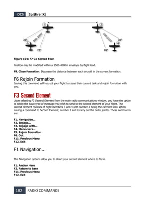DCS [Spitfire IX]
182 RADIO COMMANDS
Figure 104: F7 Go Spread Four
Position may be modified within a 1500-4000m envelope by flight lead.
F9. Close formation. Decrease the distance between each aircraft in the current formation.
F6 Rejoin Formation
Issuing this command will instruct your flight to cease their current task and rejoin formation with
you.
F3 Second Element
Upon selecting F3 Second Element from the main radio communications window, you have the option
to select the basic type of message you wish to send to the second element of your flight. The
second element consists of flight members 3 and 4 with number 3 being the element lead. When
issuing a command to Second Element, number 3 and 4 carry out the order jointly. These commands
are:
F1. Navigation...
F2. Engage...
F3. Engage with...
F4. Maneuvers...
F5. Rejoin Formation
F6. Out
F11. Previous Menu
F12. Exit
F1 Navigation...
The Navigation options allow you to direct your second element where to fly to.
F1. Anchor Here
F2. Return to base
F11. Previous Menu
F12. Exit
 