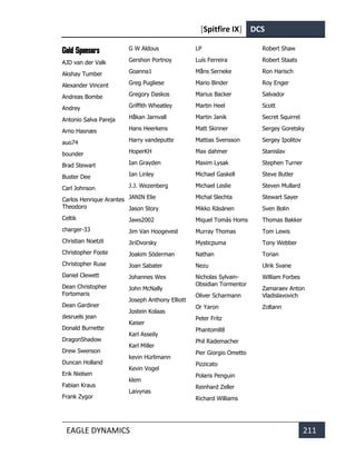 [Spitfire IX] DCS
EAGLE DYNAMICS 211
Gold Sponsors
AJD van der Valk
Akshay Tumber
Alexander Vincent
Andreas Bombe
Andrey
Antonio Salva Pareja
Arno Hasnæs
auo74
bounder
Brad Stewart
Buster Dee
Carl Johnson
Carlos Henrique Arantes
Theodoro
Celtik
charger-33
Christian Noetzli
Christopher Foote
Christopher Ruse
Daniel Clewett
Dean Christopher
Fortomaris
Dean Gardiner
desruels jean
Donald Burnette
DragonShadow
Drew Swenson
Duncan Holland
Erik Nielsen
Fabian Kraus
Frank Zygor
G W Aldous
Gershon Portnoy
Goanna1
Greg Pugliese
Gregory Daskos
Griffith Wheatley
Håkan Jarnvall
Hans Heerkens
Harry vandeputte
HoperKH
Ian Grayden
Ian Linley
J.J. Wezenberg
JANIN Elie
Jason Story
Jaws2002
Jim Van Hoogevest
JiriDvorsky
Joakim Söderman
Joan Sabater
Johannes Wex
John McNally
Joseph Anthony Elliott
Jostein Kolaas
Kaiser
Karl Asseily
Karl Miller
kevin Hürlimann
Kevin Vogel
klem
Laivynas
LP
Luís Ferreira
Måns Serneke
Mario Binder
Marius Backer
Martin Heel
Martin Janik
Matt Skinner
Mattias Svensson
Max dahmer
Maxim Lysak
Michael Gaskell
Michael Leslie
Michal Slechta
Mikko Räsänen
Miquel Tomàs Homs
Murray Thomas
Mysticpuma
Nathan
Nezu
Nicholas Sylvain-
Obsidian Tormentor
Oliver Scharmann
Or Yaron
Peter Fritz
Phantom88
Phil Rademacher
Pier Giorgio Ometto
Pizzicato
Polaris Penguin
Reinhard Zeller
Richard Williams
Robert Shaw
Robert Staats
Ron Harisch
Roy Enger
Salvador
Scott
Secret Squirrel
Sergey Goretsky
Sergey Ipolitov
Stanislav
Stephen Turner
Steve Butler
Steven Mullard
Stewart Sayer
Sven Bolin
Thomas Bakker
Tom Lewis
Tony Webber
Torian
Ulrik Svane
William Forbes
Zamaraev Anton
Vladislavovich
Zoltann
 