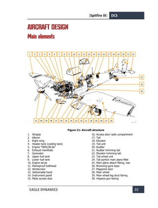 [Spitfire IX] DCS
EAGLE DYNAMICS 35
AIRCRAFT DESIGN
Main elements
Figure 11: Aircraft structure
1. Wingtip
2. Aileron
3. Right wing
4. Header tank (cooling tank)
5. Engine “MERLIN-66”
6. Exhaust manifolds
7. Generator
8. Upper fuel tank
9. Lower fuel tank
10. Engine struts
11. Flameproof bulkhead
12. Windscreen
13. Jettisonable hood
14. Instrument panel
15. Pilots access door
16. Access door radio compartment
17. Tail
18. Elevator
19. Tail unit
20. Rudder
21. Rudder trimming tab
22. Elevator trimming tab
23. Tail wheel unit
24. Tail portion main plane fillet
25. Main plane attach fitting, rear
26. Browning guns bays
27. Magazine door
28. Main wheel
29. Main wheel leg strut fairing
30. Hispano gun fairing
1 2 3 4 5 6 7 8 9 10 11 12 13 14 15 16 17 18 19 20 21 22
23
24
25
26
27
28
29
30
31
32
33
34
35
36
37
38
39
40
41
 