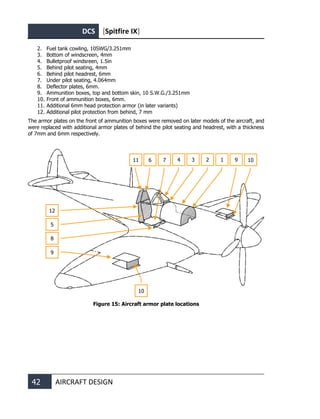 DCS [Spitfire IX]
42 AIRCRAFT DESIGN
2. Fuel tank cowling, 10SWG/3.251mm
3. Bottom of windscreen, 4mm
4. Bulletproof windsreen, 1.5in
5. Behind pilot seating, 4mm
6. Behind pilot headrest, 6mm
7. Under pilot seating, 4.064mm
8. Deflector plates, 6mm.
9. Ammunition boxes, top and bottom skin, 10 S.W.G./3.251mm
10. Front of ammunition boxes, 6mm.
11. Additional 6mm head protection armor (in later variants)
12. Additional pilot protection from behind, 7 mm
The armor plates on the front of ammunition boxes were removed on later models of the aircraft, and
were replaced with additional armor plates of behind the pilot seating and headrest, with a thickness
of 7mm and 6mm respectively.
Figure 15: Aircraft armor plate locations
1
2
3
4
6
11
12
5
8
7
9
9
10
10
 
