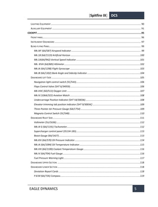 [Spitfire IX] DCS
EAGLE DYNAMICS 5
LIGHTING EQUIPMENT........................................................................................................................................ 90
AUXILLARY EQUIPMENT ...................................................................................................................................... 91
COCKPIT.....................................................................................................................................................95
FRONT PANEL.................................................................................................................................................... 96
INSTRUMENT DASHBOARD .................................................................................................................................. 97
BLIND-FLYING PANEL.......................................................................................................................................... 99
Mk.IXF (6A/587) Airspeed Indicator ......................................................................................................... 99
Mk.1B (6A/1519) Artificial Horizon .........................................................................................................100
Mk.1A(6A/942) Vertical Speed Indicator.................................................................................................101
Mk. XIVA (6A/685) Altimeter...................................................................................................................102
Mk.IA (6A/1298) Flight Gyroscope ..........................................................................................................103
Mk.IB (6A/1302) Bank Angle and Sideslip Indicator ................................................................................104
DASHBOARD LEFT SIDE ......................................................................................................................................105
Navigation light control switch (5С/543).................................................................................................106
Flaps Control Valve (SHT 6/34959)..........................................................................................................106
Мk.VIIIC (6D/513) Oxygen Unit...............................................................................................................107
Mk.IV (106A/322) Aviation Watch ..........................................................................................................108
Undercarriage Position Indicator (SHT 54/30036)...................................................................................108
Elevator trimming tab position indicator (SHT 9/30034)........................................................................109
Three-Pointer Air Pressure Gauge (6A/1754) ..........................................................................................109
Magneto Control Switch (5С/548)...........................................................................................................110
DASHBOARD RIGHT SIDE....................................................................................................................................111
Voltmeter (5U/1636)...............................................................................................................................112
Mk.IX G (6A/1191) Tachometer...............................................................................................................112
Supercharger control panel (35134-183).................................................................................................113
Boost Gauge (6A/1427)...........................................................................................................................113
Mk.XIV (6A/570) Oil Pressure Indicator...................................................................................................114
Mk.IA (6A/1094) Oil Temperature Indicator............................................................................................115
Mk.VIII (6A/1100) Coolant Temperature Gauge......................................................................................116
Mk.IV (6A/704) Fuel Gauge.....................................................................................................................116
Fuel Pressure Warning Light....................................................................................................................117
DASHBOARD UPPER SECTION .............................................................................................................................118
DASHBOARD LOWER SECTION .............................................................................................................................118
Deviation Report Cards ...........................................................................................................................118
P.8.M (6A/726) Compass.........................................................................................................................119
 