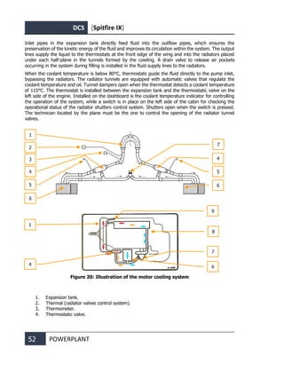 DCS [Spitfire IX]
52 POWERPLANT
Inlet pipes in the expansion tank directly feed fluid into the outflow pipes, which ensures the
preservation of the kinetic energy of the fluid and improves its circulation within the system. The output
lines supply the liquid to the thermostats at the front edge of the wing and into the radiators placed
under each half-plane in the tunnels formed by the cowling. A drain valve to release air pockets
occurring in the system during filling is installed in the fluid supply lines to the radiators.
When the coolant temperature is below 80°C, thermostats guide the fluid directly to the pump inlet,
bypassing the radiators. The radiator tunnels are equipped with automatic valves that regulate the
coolant temperature and oil. Tunnel dampers open when the thermostat detects a coolant temperature
of 115°C. The thermostat is installed between the expansion tank and the thermostatic valve on the
left side of the engine. Installed on the dashboard is the coolant temperature indicator for controlling
the operation of the system, while a switch is in place on the left side of the cabin for checking the
operational status of the radiator shutters control system. Shutters open when the switch is pressed.
The technician located by the plane must be the one to control the opening of the radiator tunnel
valves.
Figure 20: Illustration of the motor cooling system
1. Expansion tank.
2. Thermal (radiator valves control system).
3. Thermometer.
4. Thermostatic valve.
6
5
4
7
6
5
4
3
2
1
9
8
4
6
7
1
 