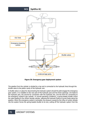 DCS [Spitfire IX]
70 AIRCRAFT SYSTEMS
Figure 36: Emergency gear deployment system
The pipeline from the cylinder is divided by a tee and is connected to the hydraulic lines through the
shuttle valve to the piston cavity of the hydraulic ram.
A shuttle valve is in place for disconnecting the hydraulic system should the pilot engage the emergency
gear system. It is installed on the rear part of the hydraulic jack and has three openings: one leads to
the hydraulic jack, the second for connection with the hydraulic line, and the third for connecting to
the emergency system’s gas cylinder. In normal operating conditions, a spring-loaded shuttle covers
the valve leading to the carbon dioxide cylinder, allowing the hydraulic fluids to course freely along the
pipeline. When the emergency system is activated, the pressure caused by the influx of carbon dioxide
into the system forces the spring-loaded shuttle to its end, cutting off the hydraulic system from the
Shuttle valves
Undercarriage jacks
Emergency lowering
control
СО2 Tank
 