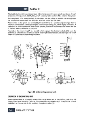 DCS [Spitfire IX]
74 AIRCRAFT SYSTEMS
Attached to the lever (5) is an indicator plate (10) which pivots on the same spindle and shows, through
an opening in the quadrant, DOWN, IDLE, or UP, according to the position of the piston in the cylinder.
The control lever (9) is pivoted laterally on the crecent ring and loaded by a spring (14) which pushes
the lever into the gate at each end of the slot when it is moved past the stops.
Also mounted on the spindle and operated by the control lever is a sprocket (15) carrying a chain to
which are connected the cables operating the undercarriage locking pins, which engage in the strut. A
backlash of 9° exists between the lever and the sprocket, so that the movement of the lever in and out
of the gate does not affect the locking pins.
Mounted on the crecent ring (7) is a cam (8) which engages the electrical contacts (20) when the
control lever is near the end of its travel in each direction; these contacts serve as a change-over switch
for the RED and GREEN undercarriage indicators.
Figure 38: Undercarriage control unit.
OPERATION OF THE CONTROL UNIT
When the hand lever is in the gate either at the UP or DOWN end of the quadrant, fluid from the
engine-driven pump enters the control at the pressure inlet and passes straight through to the exhaust
outlet back to the reservoir. In this condition, the system is idling (A).
 