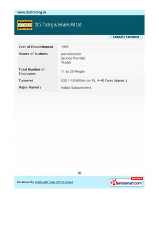 - Company Factsheet -


Year of Establishment   1999

Nature of Business      Manufacturer
                        Service Provider
                        Trader

Total Number of
                        11 to 25 People
Employees

Turnover                US$ 1-10 Million (or Rs. 4-40 Crore Approx.)

Major Markets           Indian Subcontinent
 