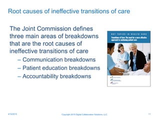 Root causes of ineffective transitions of care
The Joint Commission defines
three main areas of breakdowns
that are the root causes of
ineffective transitions of care
– Communication breakdowns
– Patient education breakdowns
– Accountability breakdowns
Copyright 2015 Digital Collaboration Solutions, LLC 114/10/2015
 
