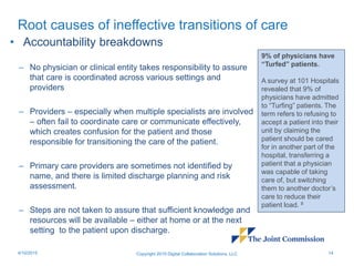 Root causes of ineffective transitions of care
• Accountability breakdowns
– No physician or clinical entity takes responsibility to assure
that care is coordinated across various settings and
providers
– Providers – especially when multiple specialists are involved
– often fail to coordinate care or communicate effectively,
which creates confusion for the patient and those
responsible for transitioning the care of the patient.
– Primary care providers are sometimes not identified by
name, and there is limited discharge planning and risk
assessment.
– Steps are not taken to assure that sufficient knowledge and
resources will be available – either at home or at the next
setting to the patient upon discharge.
Copyright 2015 Digital Collaboration Solutions, LLC 144/10/2015
9% of physicians have
“Turfed” patients.
A survey at 101 Hospitals
revealed that 9% of
physicians have admitted
to “Turfing” patients. The
term refers to refusing to
accept a patient into their
unit by claiming the
patient should be cared
for in another part of the
hospital, transferring a
patient that a physician
was capable of taking
care of, but switching
them to another doctor’s
care to reduce their
patient load. 8
 