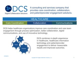 A consulting and services company that
provides care coordination, collaboration,
and patient/provider engagement solutions.
Care Coordination Collaboration Communications
HEALTHCARE
Process
People
Tech
DCS helps healthcare organizations improve care coordination and care team
engagement through process optimization, better collaboration, digital
communications, and use of innovative technology.
DCS combines in-depth experience
in healthcare, healthcare information
technology and patient/provider
engagement to deliver measurable
results and improved outcomes.
Copyright 2015 Digital Collaboration Solutions, LLC 3
4/10/2015
 
