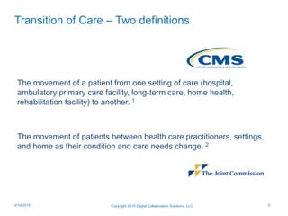 Transition of Care – Two definitions
The movement of a patient from one setting of care (hospital,
ambulatory primary care facility, long-term care, home health,
rehabilitation facility) to another. 1
The movement of patients between health care practitioners, settings,
and home as their condition and care needs change. 2
Copyright 2015 Digital Collaboration Solutions, LLC 94/10/2015
 