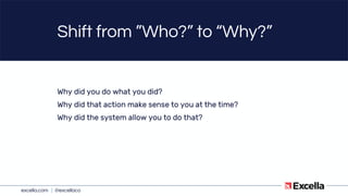 excella.com | @excellaco
Shift from ”Who?” to “Why?”
Why did you do what you did?
Why did that action make sense to you at the time?
Why did the system allow you to do that?
 