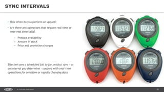 20DC SITECORE USER GROUP
• How often do you perform an update?
• Are there any operations that require real-time or
near-real time calls?
– Product availability
– Amount in stock
– Price and promotion changes
Sitecore uses a scheduled job to for product sync – at
an interval you determine – coupled with real-time
operations for sensitive or rapidly changing data
SYNC INTERVALS
 