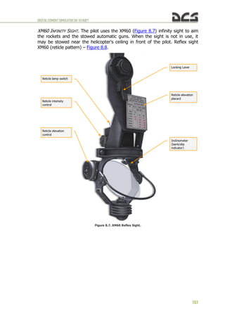 DIGITALCOMBATSIMULATORUH-1HHUEY
101
XM60 INFINITY SIGHT. The pilot uses the XM60 (Figure 8.7) infinity sight to aim
the rockets and the stowed automatic guns. When the sight is not in use, it
may be stowed near the helicopter's ceiling in front of the pilot. Reflex sight
XM60 (reticle pattern) – Figure 8.8.
Figure 8.7. XM60 Reflex Sight.
Locking Lever
Inclinometer
(bank/slip
indicator)
Reticle elevation
placard
Reticle lamp switch
Reticle intensity
control
Reticle elevation
control
 