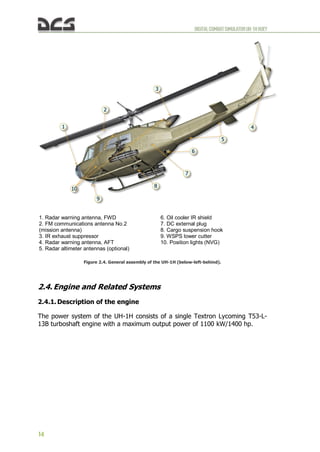DIGITALCOMBATSIMULATORUH-1HHUEY
14
Figure 2.4. General assembly of the UH-1H (below-left-behind).
2.4. Engine and Related Systems
2.4.1. Description of the engine
The power system of the UH-1H consists of a single Textron Lycoming T53-L-
13B turboshaft engine with a maximum output power of 1100 kW/1400 hp.
1. Radar warning antenna, FWD
2. FM communications antenna No.2
(mission antenna)
3. IR exhaust suppressor
4. Radar warning antenna, AFT
5. Radar altimeter antennas (optional)
6. Oil cooler IR shield
7. DC external plug
8. Cargo suspension hook
9. WSPS lower cutter
10. Position lights (NVG)
 