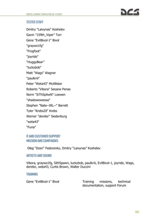 DIGITALCOMBATSIMULATORUH-1HHUEY
181
TESTER STAFF
Dmitry "Laivynas" Koshelev
Gavin "159th_Viper" Torr
Gene "EvilBivol-1" Bivol
"graywo1fg"
"Frogfoot"
"joyride"
“HuggyBear”
"luckybob"
Matt "Wags" Wagner
"paulkriii"
Peter "Weta43" McAllister
Roberto "Vibora" Seoane Penas
Norm "SiThSpAwN" Loewen
"shadowoweosa"
Stephen "Nate--IRL--" Barrett
Tyler "Krebs20" Krebs
Werner "derelor" Siedenburg
"weta43"
“Furia”
ITAND CUSTOMER SUPPORT
MISSION AND CAMPAIGNS
Oleg “Dzen” Fedorenko, Dmitry “Laivynas” Koshelev
ARTISTS AND SOUND
Vibora, graywo1fg, SithSpawn, luckybob, paulkriii, EvilBivol-1, joyride, Wags,
derelor, weta43, Curtis Brown, Walter Duccini
TRAINING
Gene "EvilBivol-1" Bivol Training missions, technical
documentation, support Forum
 