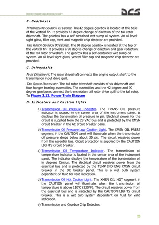 DIGITALCOMBATSIMULATORUH-1HHUEY
23
B . G e a r b o x e s
INTERMEDIATE GEARBOX 42 DEGREE. The 42 degree gearbox is located at the base
of the vertical fin. It provides 42 degree change of direction of the tail rotor
driveshaft. The gearbox has a self-contained wet sump oil system. An oil level
sight glass, filler cap, vent and magnetic chip detector are provided.
TAIL ROTOR GEARBOX 90 DEGREE. The 90 degree gearbox is located at the top of
the vertical fin. It provides a 90 degree change of direction and gear reduction
of the tail rotor driveshaft. The gearbox has a self-contained wet sump oil
system. An oil level sight glass, vented filler cap and magnetic chip detector are
provided.
C . D r i v e s h a f t s
MAIN DRIVESHAFT. The main driveshaft connects the engine output shaft to the
transmission input drive quill.
TAIL ROTOR DRIVESHAFT. The tail rotor driveshaft consists of six driveshaft and
four hanger bearing assemblies. The assemblies and the 42 degree and 90
degree gearboxes connect the transmission tail rotor drive quill to the tail rotor.
To Figure 2.12. Power Train Diagram
D . I n d i c a t o r s a n d C a u t i o n L i g h t s
a) Transmission Oil Pressure Indicator. The TRANS OIL pressure
indicator is located in the center area of the instrument panel. It
displays the transmission oil pressure in psi. Electrical power for the
circuit is supplied from the 28 VAC bus and is protected by the XMSN
circuit breaker in the AC circuit breaker panel.
b) Transmission Oil Pressure Low Caution Light. The XMSN OIL PRESS
segment in the CAUTION panel will illuminate when the transmission
oil pressure drops below about 30 psi. The circuit receives power
from the essential bus. Circuit protection is supplied by the CAUTION
LIGHTS circuit breaker.
c) Transmission Oil Temperature Indicator. The transmission oil
temperature indicator is located in the center area of the instrument
panel. The indicator displays the temperature of the transmission oil
in degrees Celsius. The electrical circuit receives power from the
essential bus and is protected by the TEMP IND ENG XMSN circuit
breaker in the DC breaker panel. This is a wet bulb system
dependent on fluid for valid indication.
d) Transmission Oil Hot Caution Light. The XMSN OIL HOT segment in
the CAUTION panel will illuminate when the transmission oil
temperature is above 110°C (230°F). The circuit receives power from
the essential bus and is protected by the CAUTION LIGHTS circuit
breaker. This is a wet bulb system dependent on fluid for valid
indication.
e) Transmission and Gearbox Chip Detector:
 