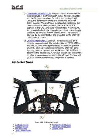 DIGITALCOMBATSIMULATORUH-1HHUEY
24
(1) Chip Detector Caution Light. Magnetic inserts are installed in
the drain plugs of the transmission sump, 42 degree gearbox
and the 90 degree gearbox. On helicopters equipped with
ODDS, the transmission chip gap is integral to a full-flow
debris monitor. When sufficient metal particles collect on the
plugs to close the electrical circuit, the CHIP DETECTOR
segment in the CAUTION panel will illuminate. A self-closing,
spring-loaded valve in the chip detectors permits the magnetic
probes to be removed without the loss of oil. The circuit is
powered by the essential bus and protected by the CAUTION
LIGHTS circuit breaker.
(2) Chip Detector Switch. A CHIP DET switch is installed on a
pedestal mounted panel. The switch is labeled BOTH, XMSN,
and TAIL ROTOR and is spring-loaded to the BOTH position.
When the CHIP DETECTOR segment in the CAUTION panel
lights up, position the switch to XMSN, then TAIL ROTOR to
determine the trouble area. CHIP DET caution light will remain
on when a contaminated component is selected. The light will
go out if the non-contaminated component is selected.
2.6. Cockpit layout
Figure 2.13. UH-1H cockpit layout.
1. Overhead Console
2. Standby Compass
3. Instrument Panel
4. Cyclic Control System
5. Tail Rotor Control System
6. Collective Control System
7. Pedestal Panel
 