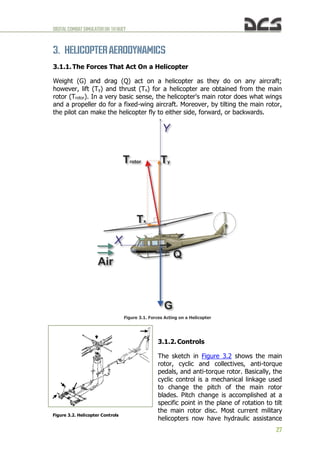 DIGITALCOMBATSIMULATORUH-1HHUEY
27
Figure 3.2. Helicopter Controls
3. HELICOPTERAERODYNAMICS
3.1.1. The Forces That Act On a Helicopter
Weight (G) and drag (Q) act on a helicopter as they do on any aircraft;
however, lift (Ty) and thrust (Tx) for a helicopter are obtained from the main
rotor (Trotor). In a very basic sense, the helicopter's main rotor does what wings
and a propeller do for a fixed-wing aircraft. Moreover, by tilting the main rotor,
the pilot can make the helicopter fly to either side, forward, or backwards.
Figure 3.1. Forces Acting on a Helicopter
3.1.2. Controls
The sketch in Figure 3.2 shows the main
rotor, cyclic and collectives, anti-torque
pedals, and anti-torque rotor. Basically, the
cyclic control is a mechanical linkage used
to change the pitch of the main rotor
blades. Pitch change is accomplished at a
specific point in the plane of rotation to tilt
the main rotor disc. Most current military
helicopters now have hydraulic assistance
 