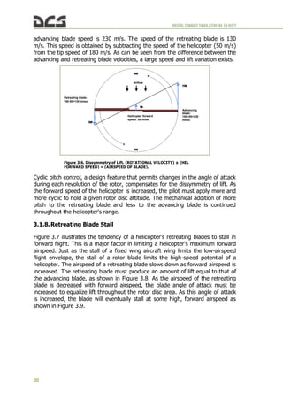 DIGITALCOMBATSIMULATORUH-1HHUEY
30
advancing blade speed is 230 m/s. The speed of the retreating blade is 130
m/s. This speed is obtained by subtracting the speed of the helicopter (50 m/s)
from the tip speed of 180 m/s. As can be seen from the difference between the
advancing and retreating blade velocities, a large speed and lift variation exists.
Cyclic pitch control, a design feature that permits changes in the angle of attack
during each revolution of the rotor, compensates for the dissymmetry of lift. As
the forward speed of the helicopter is increased, the pilot must apply more and
more cyclic to hold a given rotor disc attitude. The mechanical addition of more
pitch to the retreating blade and less to the advancing blade is continued
throughout the helicopter's range.
3.1.8. Retreating Blade Stall
Figure 3.7 illustrates the tendency of a helicopter's retreating blades to stall in
forward flight. This is a major factor in limiting a helicopter's maximum forward
airspeed. Just as the stall of a fixed wing aircraft wing limits the low-airspeed
flight envelope, the stall of a rotor blade limits the high-speed potential of a
helicopter. The airspeed of a retreating blade slows down as forward airspeed is
increased. The retreating blade must produce an amount of lift equal to that of
the advancing blade, as shown in Figure 3.8. As the airspeed of the retreating
blade is decreased with forward airspeed, the blade angle of attack must be
increased to equalize lift throughout the rotor disc area. As this angle of attack
is increased, the blade will eventually stall at some high, forward airspeed as
shown in Figure 3.9.
Figure 3.6. Dissymmetry of Lift. (ROTATIONAL VELOCITY) ± (HEL
FORWARD SPEED) = (AIRSPEED OF BLADE).
Retreating blade:
180-50=130 m/sec
Advancing
blade:
180+50=230
m/sec
Helicopter forward
speed: 50 m/sec
130
230
50
180
180
Airflow
 