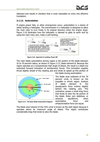 DIGITALCOMBATSIMULATORUH-1HHUEY
35
sideward and results in vibration that is most noticeable on entry into effective
translation.
3.1.13. Autorotation
If engine power fails, or other emergencies occur, autorotation is a means of
safely landing a helicopter. The transmission in a helicopter is designed to allow
the main rotor to turn freely in its original direction when the engine stops.
Figure 3.16 illustrates how the helicopter is allowed to glide to earth and by
using the main rotor rpm, make a soft landing.
The rotor blade autorotative driving region is the portion of the blade between
25 to 70 percent radius, as shown in Figure 3.17, blade element B. Because this
region operates at a comparatively high angle of attack, the result is a slight but
important forward inclination of aerodynamic forces. This inclination supplies
thrust slightly ahead of the rotating axis and tends to speed up this portion of
the blade during autorotation.
The blade area outboard of the 70
percent circle is known as the
propeller or driven region. Analysis
of blade element A: the
aerodynamic force inclines slightly
behind the rotating axis. This
inclination causes a small drag force
that tends to slow the tip portion of
the blade. Rotor rpm stabilizes, or
achieves equilibrium, when
autorotative force and
antiautorotative force are equal.
The blade area inboard of the 25% circle is known as the stall region because it
operates above its maximum angle of attack. This region contributes
considerable drag that tends to slow the blade.
Figure 3.16. Approach to Landing, Power Off
3. COLLECTIVE PITCH CONTROL –
Adjust to maintain required
autorotational RPM
4. FLARE – Execute flare as
necessary to reduce forward speed
and land in a near level attitude.
1. COLLECTIVE PITCH CONTROL – Reduce
as required to establish autorotational RPM
2. AUTOROTATIVE GLIDE – Establish at an
IAS to 120-140 km/h (65-77 knots) for normal
rate of descent. Greater IAS up to 170 km/h
(95 knots) will extend the gliding distance.
Figure 3.17. The Rotor Blade Autorotative Regions
Driven region
Driving region
Stall region
 