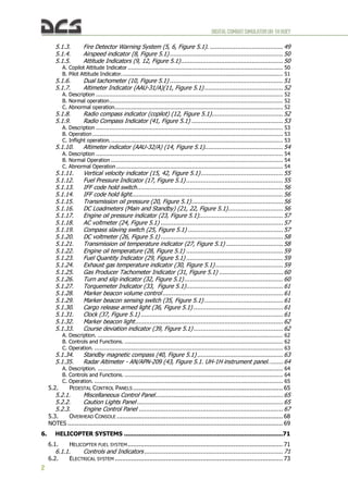 DIGITALCOMBATSIMULATORUH-1HHUEY
2
5.1.3. Fire Detector Warning System (5, 6, Figure 5.1). ........................................ 49
5.1.4. Airspeed indicator (8, Figure 5.1).............................................................. 50
5.1.5. Attitude Indicators (9, 12, Figure 5.1)........................................................ 50
A. Copilot Attitude Indicator ............................................................................................ 50
B. Pilot Attitude Indicator................................................................................................ 51
5.1.6. Dual tachometer (10, Figure 5.1) .............................................................. 51
5.1.7. Altimeter Indicator (AAU-31/A)(11, Figure 5.1)........................................... 52
A. Description ............................................................................................................... 52
B. Normal operation....................................................................................................... 52
C. Abnormal operation.................................................................................................... 52
5.1.8. Radio compass indicator (copilot) (12, Figure 5.1)....................................... 52
5.1.9. Radio Compass Indicator (41, Figure 5.1) .................................................. 53
A. Description ............................................................................................................... 53
B. Operation ................................................................................................................. 53
C. Inflight operation....................................................................................................... 53
5.1.10. Altimeter indicator (AAU-32/A) (14, Figure 5.1)........................................... 54
A. Description ............................................................................................................... 54
B. Normal Operation ...................................................................................................... 54
C. Abnormal Operation................................................................................................... 54
5.1.11. Vertical velocity indicator (15, 42, Figure 5.1)............................................. 55
5.1.12. Fuel Pressure Indicator (17, Figure 5.1)..................................................... 55
5.1.13. IFF code hold switch................................................................................ 56
5.1.14. IFF code hold light................................................................................... 56
5.1.15. Transmission oil pressure (20, Figure 5.1).................................................. 56
5.1.16. DC Loadmeters (Main and Standby) (21, 22, Figure 5.1).............................. 56
5.1.17. Engine oil pressure indicator (23, Figure 5.1).............................................. 57
5.1.18. AC voltmeter (24, Figure 5.1) ................................................................... 57
5.1.19. Compass slaving switch (25, Figure 5.1) .................................................... 57
5.1.20. DC voltmeter (26, Figure 5.1) ................................................................... 58
5.1.21. Transmission oil temperature indicator (27, Figure 5.1) ............................... 58
5.1.22. Engine oil temperature (28, Figure 5.1) ..................................................... 59
5.1.23. Fuel Quantity Indicator (29, Figure 5.1) ..................................................... 59
5.1.24. Exhaust gas temperature indicator (30, Figure 5.1)..................................... 59
5.1.25. Gas Producer Tachometer Indicator (31, Figure 5.1) ................................... 60
5.1.26. Turn and slip indicator (32, Figure 5.1)...................................................... 60
5.1.27. Torquemeter Indicator (33, Figure 5.1)..................................................... 61
5.1.28. Marker beacon volume control.................................................................. 61
5.1.29. Marker beacon sensing switch (35, Figure 5.1) ........................................... 61
5.1.30. Cargo release armed light (36, Figure 5.1) ................................................. 61
5.1.31. Clock (37, Figure 5.1) .............................................................................. 61
5.1.32. Marker beacon light................................................................................. 62
5.1.33. Course deviation indicator (39, Figure 5.1)................................................. 62
A. Description. .............................................................................................................. 62
B. Controls and Functions. .............................................................................................. 62
C. Operation. ................................................................................................................ 63
5.1.34. Standby magnetic compass (40, Figure 5.1)............................................... 63
5.1.35. Radar Altimeter - AN/APN-209 (43, Figure 5.1. UH-1H instrument panel........ 64
A. Description. .............................................................................................................. 64
B. Controls and Functions. .............................................................................................. 64
C. Operation. ................................................................................................................ 65
5.2. PEDESTAL CONTROL PANELS .................................................................................. 65
5.2.1. Miscellaneous Control Panel...................................................................... 65
5.2.2. Caution Lights Panel................................................................................ 65
5.2.3. Engine Control Panel ............................................................................... 67
5.3. OVERHEAD CONSOLE ........................................................................................... 68
NOTES ...................................................................................................................... 69
6. HELICOPTER SYSTEMS .......................................................................................71
6.1. HELICOPTER FUEL SYSTEM..................................................................................... 71
6.1.1. Controls and Indicators............................................................................ 71
6.2. ELECTRICAL SYSTEM ............................................................................................ 73
 