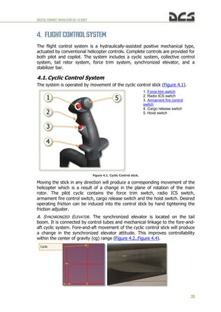DIGITALCOMBATSIMULATORUH-1HHUEY
39
4. FLIGHTCONTROLSYSTEM
The flight control system is a hydraulically-assisted positive mechanical type,
actuated by conventional helicopter controls. Complete controls are provided for
both pilot and copilot. The system includes a cyclic system, collective control
system, tail rotor system, force trim system, synchronized elevator, and a
stabilizer bar.
4.1. Cyclic Control System
The system is operated by movement of the cyclic control stick (Figure 4.1).
1. Force trim switch
2. Radio ICS switch
3. Armament fire control
switch
4. Cargo release switch
5. Hoist switch
Figure 4.1. Cyclic Control stick.
Moving the stick in any direction will produce a corresponding movement of the
helicopter which is a result of a change in the plane of rotation of the main
rotor. The pilot cyclic contains the force trim switch, radio ICS switch,
armament fire control switch, cargo release switch and the hoist switch. Desired
operating friction can be induced into the control stick by hand tightening the
friction adjuster.
A. SYNCHRONIZED ELEVATOR. The synchronized elevator is located on the tail
boom. It is connected by control tubes and mechanical linkage to the fore-and-
aft cyclic system. Fore-and-aft movement of the cyclic control stick will produce
a change in the synchronized elevator attitude. This improves controllability
within the center of gravity (cg) range (Figure 4.2..Figure 4.4).
Cyclic
 