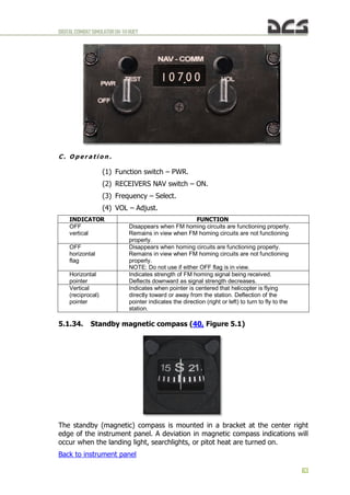 DIGITALCOMBATSIMULATORUH-1HHUEY
63
C . O p e r a t i o n .
(1) Function switch – PWR.
(2) RECEIVERS NAV switch – ON.
(3) Frequency – Select.
(4) VOL – Adjust.
INDICATOR FUNCTION
OFF
vertical
Disappears when FM homing circuits are functioning properly.
Remains in view when FM homing circuits are not functioning
properly.
OFF
horizontal
flag
Disappears when homing circuits are functioning properly.
Remains in view when FM homing circuits are not functioning
properly.
NOTE: Do not use if either OFF flag is in view.
Horizontal
pointer
Indicates strength of FM homing signal being received.
Deflects downward as signal strength decreases.
Vertical
(reciprocal)
pointer
Indicates when pointer is centered that helicopter is flying
directly toward or away from the station. Deflection of the
pointer indicates the direction (right or left) to turn to fly to the
station.
5.1.34. Standby magnetic compass (40, Figure 5.1)
The standby (magnetic) compass is mounted in a bracket at the center right
edge of the instrument panel. A deviation in magnetic compass indications will
occur when the landing light, searchlights, or pitot heat are turned on.
Back to instrument panel
 