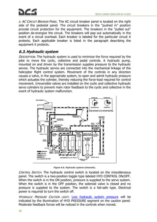 DIGITALCOMBATSIMULATORUH-1HHUEY
78
E. AC CIRCUIT BREAKER PANEL. The AC circuit breaker panel is located on the right
side of the pedestal panel. The circuit breakers in the "pushed in" position
provide circuit protection for the equipment. The breakers in the "pulled out"
position de-energize the circuit. The breakers will pop out automatically in the
event of a circuit overload. Each breaker is labeled for the particular circuit it
protects. Each applicable breaker is listed in the paragraph describing the
equipment it protects.
6.3. Hydraulic system
DESCRIPTION. The hydraulic system is used to minimize the force required by the
pilot to move the cyclic, collective and pedal controls. A hydraulic pump,
mounted on and driven by the transmission supplies pressure to the hydraulic
servos. The hydraulic servos are connected into the mechanical linkage of the
helicopter flight control system. Movement of the controls in any direction
causes a valve, in the appropriate system, to open and admit hydraulic pressure
which actuates the cylinder, thereby reducing the force-load required for control
movement. Irreversible valves are installed on the cyclic and collective hydraulic
servo cylinders to prevent main rotor feedback to the cyclic and collective in the
event of hydraulic system malfunction.
Figure 6.6. Hydraulic system schematic.
CONTROL SWITCH. The hydraulic control switch is located on the miscellaneous
panel. The switch is a two-position toggle type labeled HYD CONTROL ON/OFF.
When the switch is in the ON position, pressure is supplied to the servo system.
When the switch is in the OFF position, the solenoid valve is closed and no
pressure is supplied to the system. The switch is a fail-safe type. Electrical
power is required to turn the switch off.
HYDRAULIC PRESSURE CAUTION LIGHT. Low hydraulic system pressure will be
indicated by the illumination of HYD PRESSURE segment on the caution panel.
Moderate feedback forces will be noticed in the controls when moved.
 