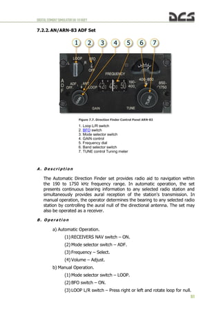 DIGITALCOMBATSIMULATORUH-1HHUEY
91
7.2.2. AN/ARN-83 ADF Set
Figure 7.7. Direction Finder Control Panel ARN-83
1. Loop L/R switch
2. BFO switch
3. Mode selector switch
4. GAIN control
5. Frequency dial
6. Band selector switch
7. TUNE control Tuning meter
A . D e s c r i p t i o n
The Automatic Direction Finder set provides radio aid to navigation within
the 190 to 1750 kHz frequency range. In automatic operation, the set
presents continuous bearing information to any selected radio station and
simultaneously provides aural reception of the station's transmission. In
manual operation, the operator determines the bearing to any selected radio
station by controlling the aural null of the directional antenna. The set may
also be operated as a receiver.
B . O p e r a t i o n
a) Automatic Operation.
(1) RECEIVERS NAV switch – ON.
(2) Mode selector switch – ADF.
(3) Frequency – Select.
(4) Volume – Adjust.
b) Manual Operation.
(1) Mode selector switch – LOOP.
(2) BFO switch – ON.
(3) LOOP L/R switch – Press right or left and rotate loop for null.
 