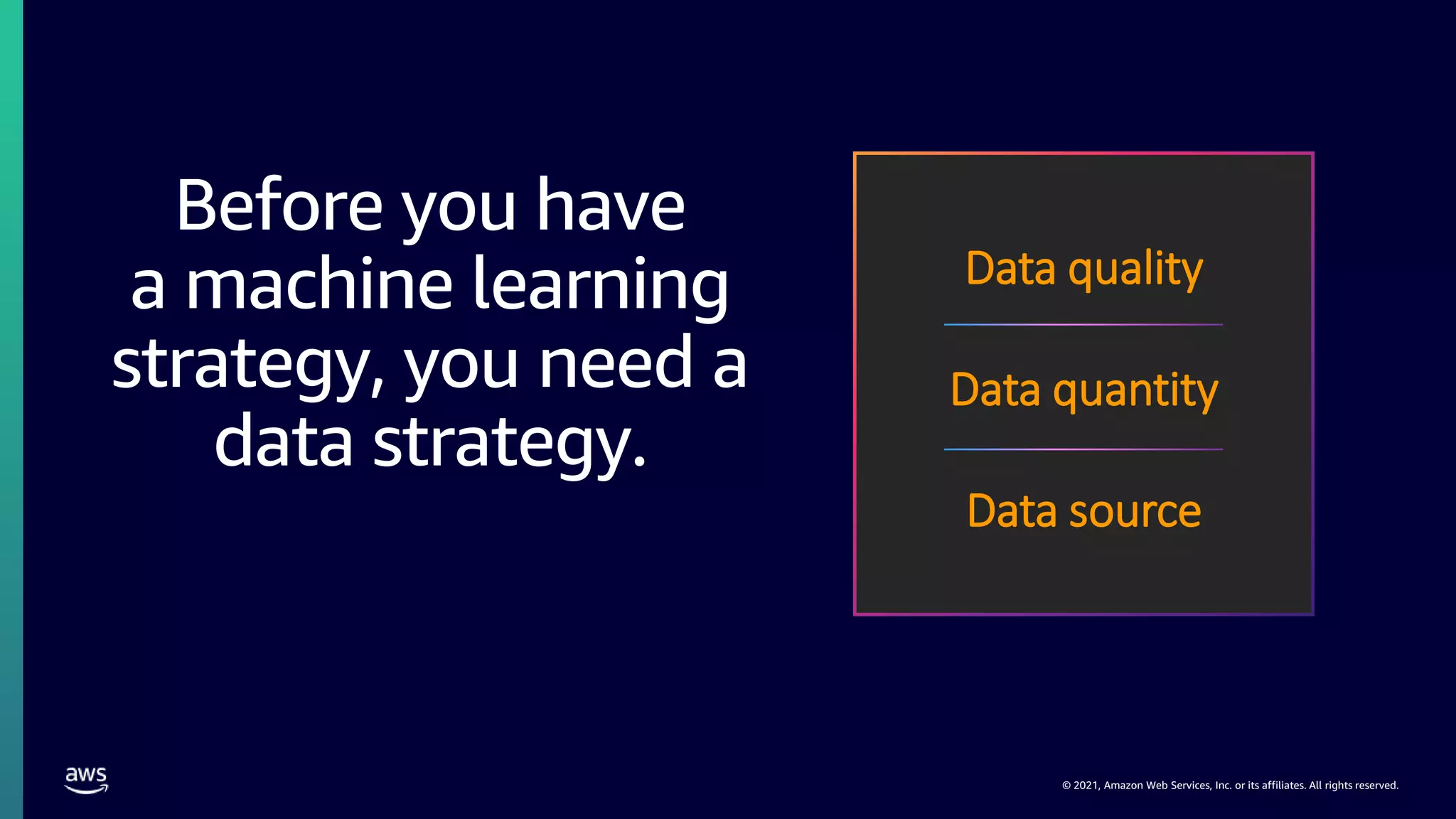 © 2021, Amazon Web Services, Inc. or its affiliates. All rights reserved.
Before you have
a machine learning
strategy, you need a
data strategy.
Data quality
Data quantity
Data source
 