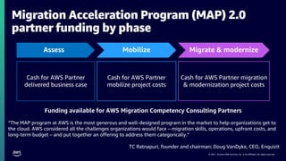 © 2021, Amazon Web Services, Inc. or its affiliates. All rights reserved.
Migration Acceleration Program (MAP) 2.0
partner funding by phase
Cash for AWS Partner
mobilize project costs
Cash for AWS Partner migration
& modernization project costs
Cash for AWS Partner
delivered business case
Assess Mobilize Migrate & modernize
Funding available for AWS Migration Competency Consulting Partners
“The MAP program at AWS is the most generous and well-designed program in the market to help organizations get to
the cloud. AWS considered all the challenges organizations would face – migration skills, operations, upfront costs, and
long-term budget – and put together an offering to address them categorically.”
TC Ratnapuri, founder and chairman; Doug VanDyke, CEO, Enquizit
 