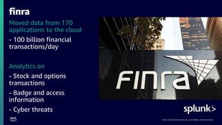 © 2021, Amazon Web Services, Inc. or its affiliates. All rights reserved.
finra
Moved data from 170
applications to the cloud
- 100 billion financial
transactions/day
Analytics on
- Stock and options
transactions
- Badge and access
information
- Cyber threats
 