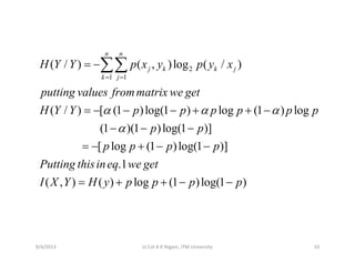 2
1 1
( / ) ( , )log ( / )
n n
j k k j
k j
H Y Y p x y p y x
= =
= −∑∑
( / ) [ (1 )log(1 ) log (1 ) log
putting values frommatrix we get
H Y Y p p p p p pα α α= − − − + + −
(1 )(1 )log(1 )]
[ log (1 )log(1 )]
p p
p p p p
α− − −
= − + − −
.1
( , ) ( ) log (1 )log(1
Putting thisineq we get
I X Y H y p p p= + + − − )p
9/4/2013 33Lt Col A K Nigam, ITM University
 