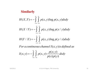 Similarly
( , ) ( , )log ( , )H X Y p x y p x y dxdy
∞ ∞
−∞ −∞
= − ∫ ∫
( / ) ( , )log ( / )H X Y p x y p x y dxdy
∞ ∞
∞ ∞
−∞ −∞
= − ∫ ∫
( / ) ( , )log ( / )H Y X p x y p y x dxdy
−∞ −∞
∞ ∞
∞ ∞
= − ∫ ∫
( ; )
( ; )
For acontineouschannel I x y is defined as
p x y
−∞ −∞
∞ ∞
∫ ∫
( ; )
( ; ) ( , )
( ) ( )
p x y
I x y p x y dxdy
p x p y−∞ −∞
= − ∫ ∫
9/4/2013 35Lt Col A K Nigam, ITM University
 