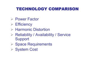 TECHNOLOGY COMPARISON
 Power Factor
 Efficiency
 Harmonic Distortion
 Reliability / Availability / Service
Support
 Space Requirements
 System Cost
 