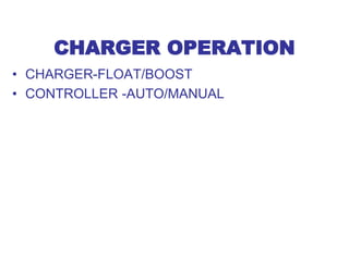 CHARGER OPERATION
• CHARGER-FLOAT/BOOST
• CONTROLLER -AUTO/MANUAL
 