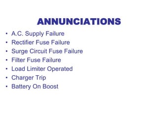 ANNUNCIATIONS
• A.C. Supply Failure
• Rectifier Fuse Failure
• Surge Circuit Fuse Failure
• Filter Fuse Failure
• Load Limiter Operated
• Charger Trip
• Battery On Boost
 