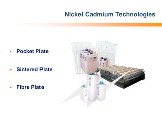 Nickel Cadmium Technologies
 Pocket Plate
 Sintered Plate
 Fibre Plate
 