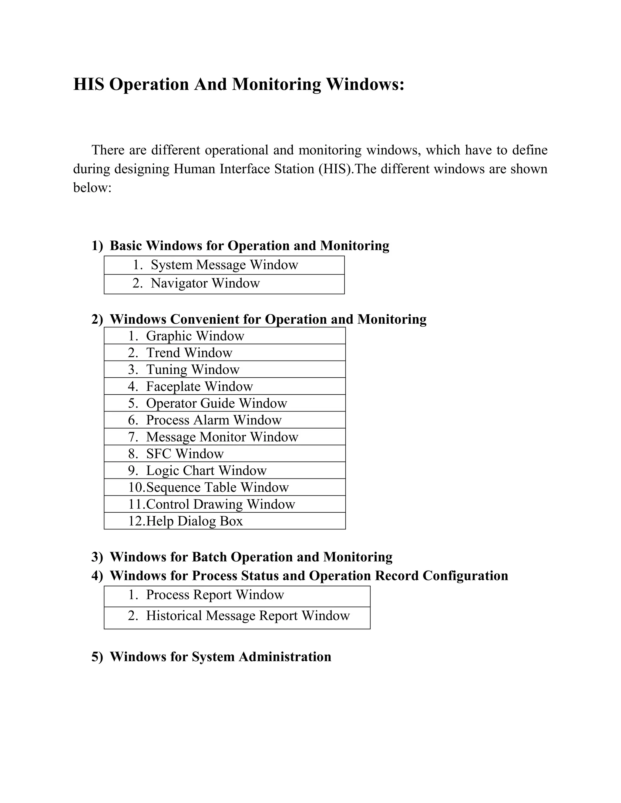 HIS Operation And Monitoring Windows:
There are different operational and monitoring windows, which have to define
during designing Human Interface Station (HIS).The different windows are shown
below:
1) Basic Windows for Operation and Monitoring
1. System Message Window
2. Navigator Window
2) Windows Convenient for Operation and Monitoring
1. Graphic Window
2. Trend Window
3. Tuning Window
4. Faceplate Window
5. Operator Guide Window
6. Process Alarm Window
7. Message Monitor Window
8. SFC Window
9. Logic Chart Window
10.Sequence Table Window
11.Control Drawing Window
12.Help Dialog Box
3) Windows for Batch Operation and Monitoring
4) Windows for Process Status and Operation Record Configuration
1. Process Report Window
2. Historical Message Report Window
5) Windows for System Administration
 