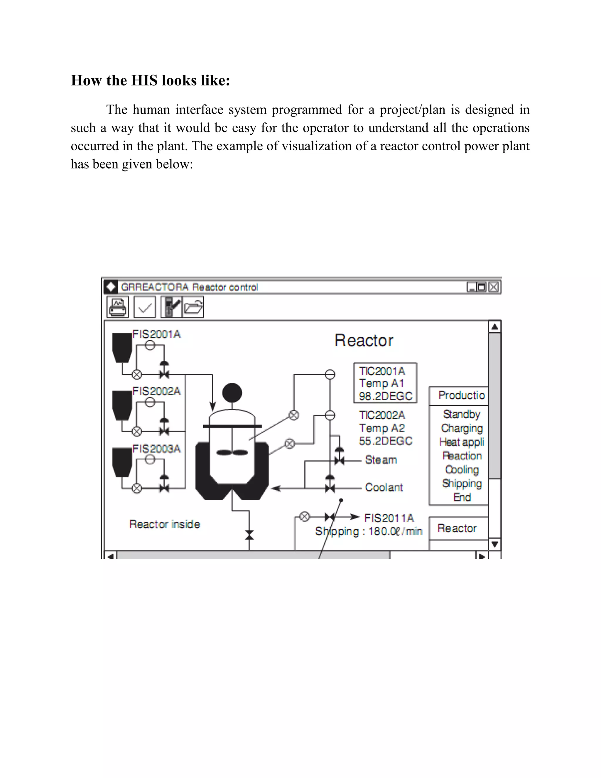 How the HIS looks like:
The human interface system programmed for a project/plan is designed in
such a way that it would be easy for the operator to understand all the operations
occurred in the plant. The example of visualization of a reactor control power plant
has been given below:
 