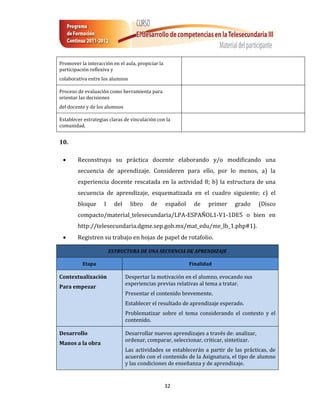Promover la interacción en el aula, propiciar la
participación reflexiva y
colaborativa entre los alumnos

Proceso de evaluación como herramienta para
orientar las decisiones
del docente y de los alumnos

Establecer estrategias claras de vinculación con la
comunidad.


10.

       Reconstruya su práctica docente elaborando y/o modificando una
        secuencia de aprendizaje. Consideren para ello, por lo menos, a) la
        experiencia docente rescatada en la actividad 8; b) la estructura de una
        secuencia de aprendizaje, esquematizada en el cuadro siguiente; c) el
        bloque      I     del     libro   de       español    de    primer   grado       (Disco
        compacto/material_telesecundaria/LPA-ESPAÑOL1-V1-1DE5 o bien en
        http://telesecundaria.dgme.sep.gob.mx/mat_edu/me_lb_1.php#1).
       Registren su trabajo en hojas de papel de rotafolio.

                        ESTRUCTURA DE UNA SECUENCIA DE APRENDIZAJE

          Etapa                                              Finalidad

Contextualización               Despertar la motivación en el alumno, evocando sus
                                experiencias previas relativas al tema a tratar.
Para empezar
                                Presentar el contenido brevemente.
                                Establecer el resultado de aprendizaje esperado.
                                Problematizar sobre el tema considerando el contexto y el
                                contenido.

Desarrollo                      Desarrollar nuevos aprendizajes a través de: analizar,
                                ordenar, comparar, seleccionar, criticar, sintetizar.
Manos a la obra
                                Las actividades se establecerán a partir de las prácticas, de
                                acuerdo con el contenido de la Asignatura, el tipo de alumno
                                y las condiciones de enseñanza y de aprendizaje.


                                                   32
 