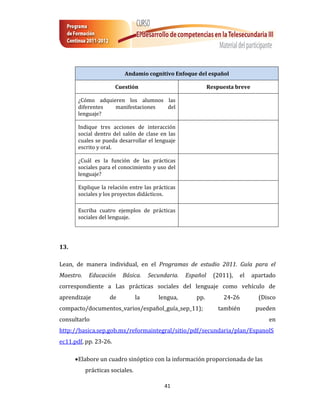 Andamio cognitivo Enfoque del español

                       Cuestión                               Respuesta breve

       ¿Cómo adquieren los alumnos las
       diferentes  manifestaciones del
       lenguaje?

       Indique tres acciones de interacción
       social dentro del salón de clase en las
       cuales se pueda desarrollar el lenguaje
       escrito y oral.

       ¿Cuál es la función de las prácticas
       sociales para el conocimiento y uso del
       lenguaje?

       Explique la relación entre las prácticas
       sociales y los proyectos didácticos.

       Escriba cuatro ejemplos de prácticas
       sociales del lenguaje.




13.

Lean, de manera individual, en el Programas de estudio 2011. Guía para el
Maestro.    Educación    Básica.      Secundaria.   Español     (2011),    el   apartado
correspondiente a Las prácticas sociales del lenguaje como vehículo de
aprendizaje         de           la      lengua,       pp.         24-26          (Disco
compacto/documentos_varios/español_guía_sep_11);                 también         pueden
consultarlo                                                                          en
http://basica.sep.gob.mx/reformaintegral/sitio/pdf/secundaria/plan/EspanolS
ec11.pdf, pp. 23-26.

       Elabore un cuadro sinóptico con la información proporcionada de las
           prácticas sociales.

                                           41
 